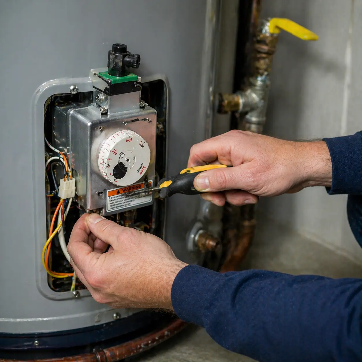 Technician diagnosing a no-hot-water fault on a hot water tank in Kawartha Lakes