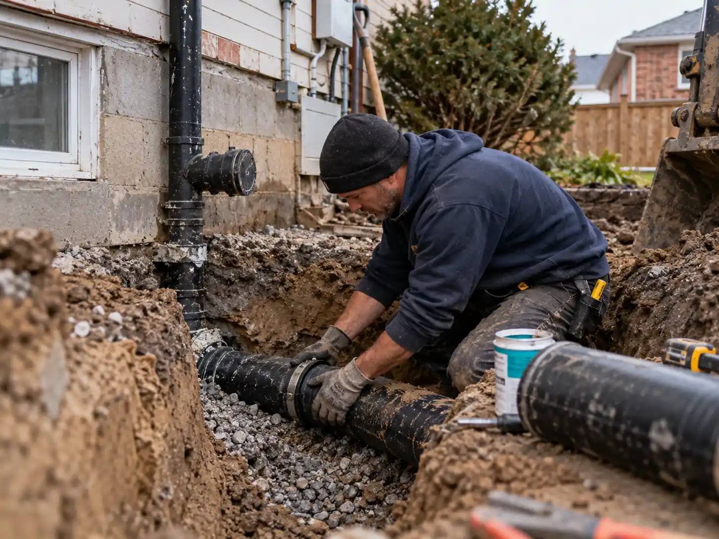 Sewer line repair and replacement crew exposing a broken sewer pipe in Kawartha Lakes