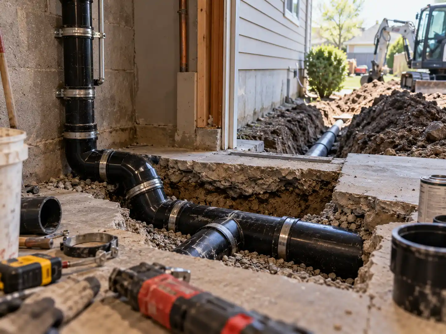 Cracked clay sewer pipe with tree roots exposed during sewer line repair in Kawartha Lakes