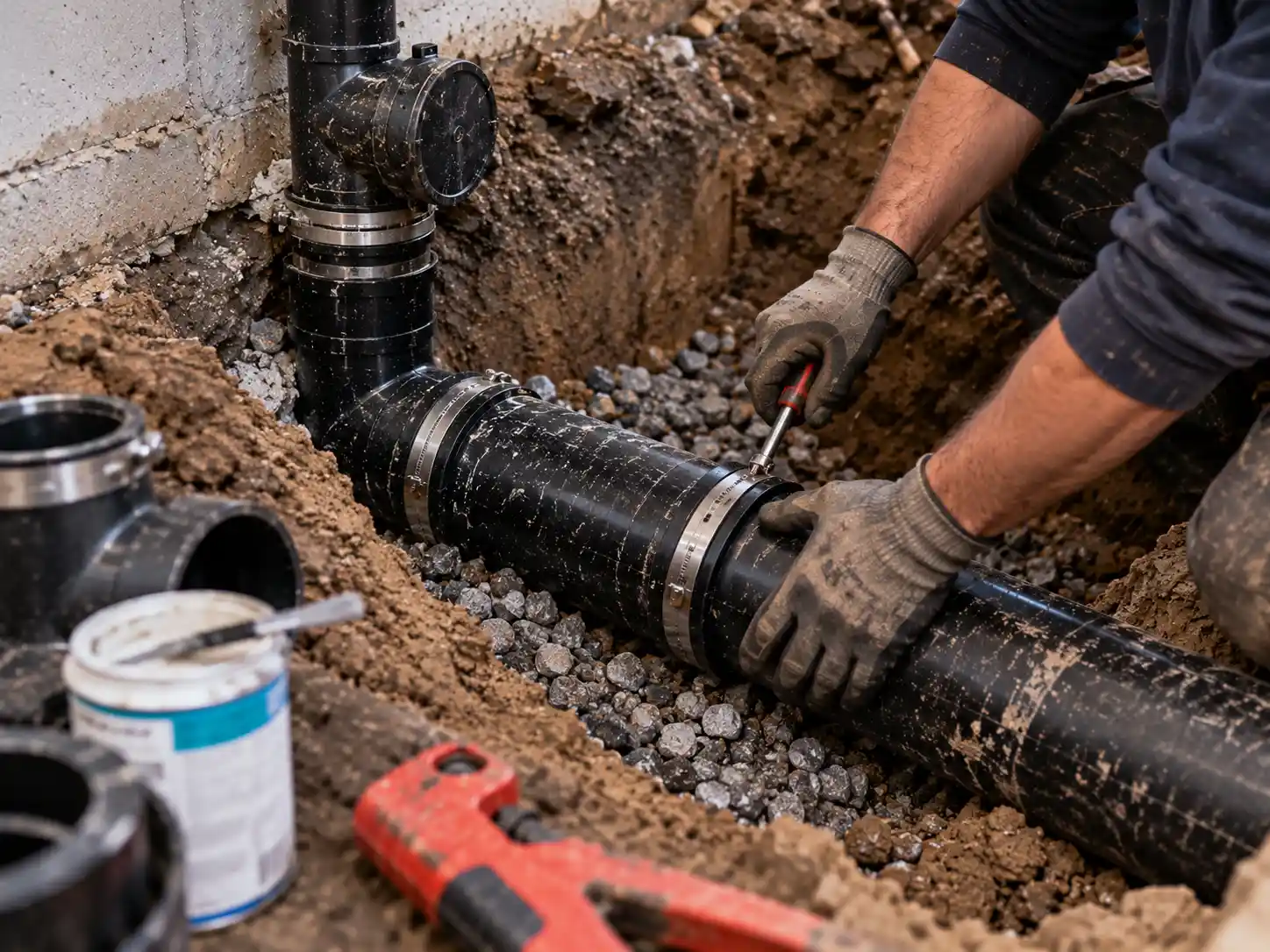 Sewer line excavation at the property line in Lindsay, Kawartha Lakes